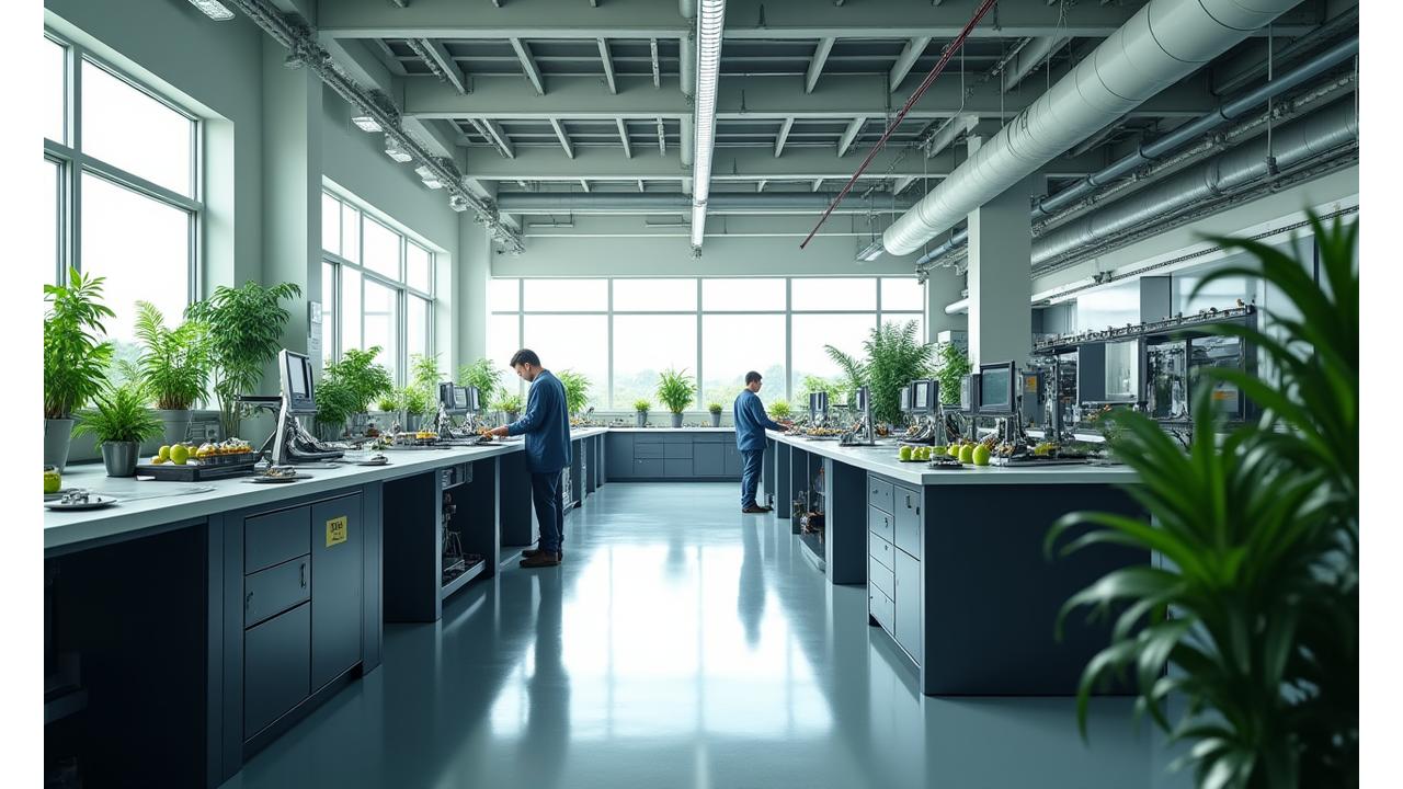 Panoramic view of Serpent Scale's state-of-the-art manufacturing floor in Nottingham, featuring modern machinery and natural light.