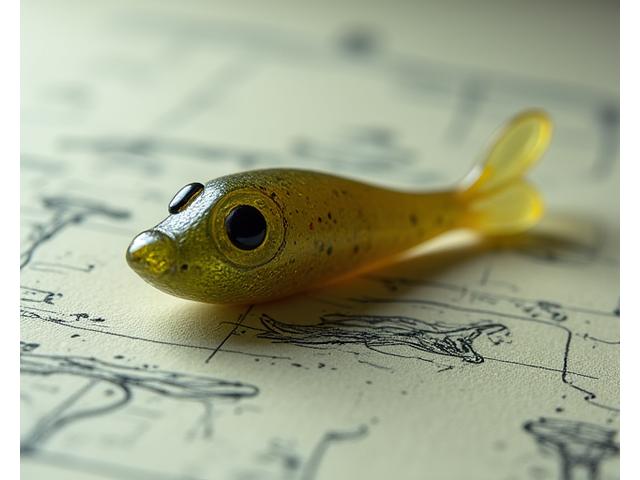 Close-up of the first biodegradable fishing lure prototype, exhibiting early innovative design.