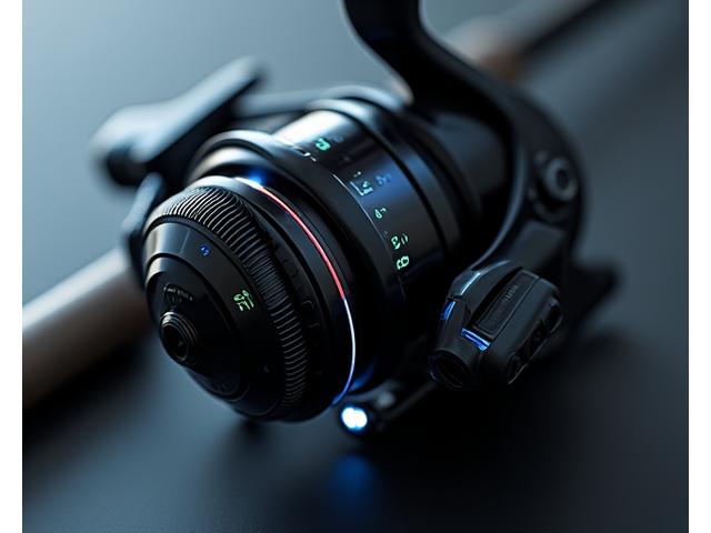 A sleek, modern smart fishing reel with subtle digital display, indicating advanced technology integration.