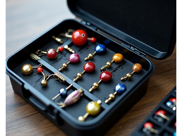 A professional angler's vest or tackle box with custom-designed accessories for specific fishing techniques, such as specialized tools or jigs, showcased for their unique functionality.