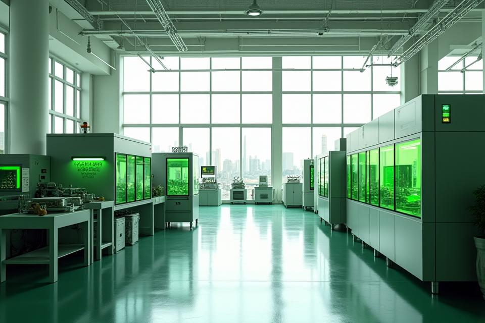 Modern, clean manufacturing facility hall filled with advanced machinery, bathed in natural light, with a focus on sustainable processes.