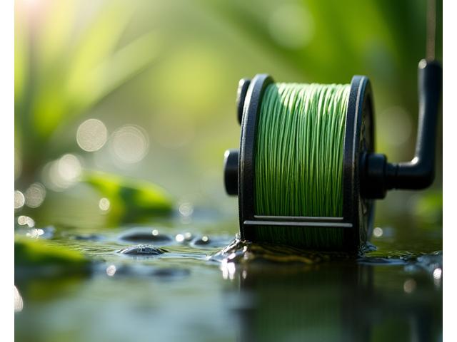 Close-up of a fishing reel spooling a translucent, green-tinted plant-based fishing line against a natural backdrop.