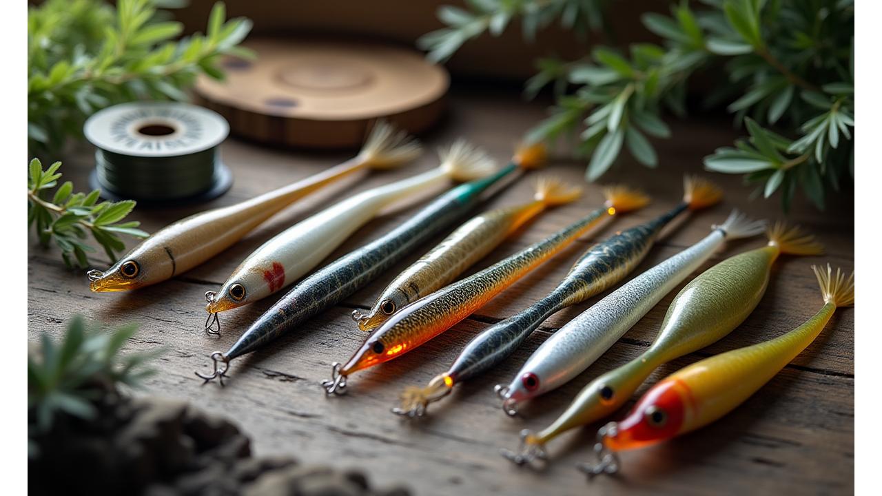 A diverse collection of eco-friendly fishing tackle, neatly arranged: biodegradable lures, recycled carbon rods, and plant-based lines, bathed in natural light.