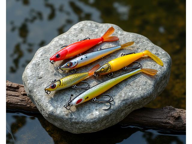 A collection of varied freshwater fishing lures, some with small propeller blades, others with lifelike fish patterns, arranged on a smooth, river stone surface.
