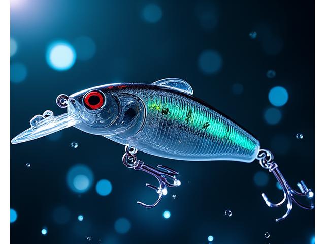 A futuristic 'smart' fishing lure with subtle LED lights and electronic components visible through a transparent casing, demonstrating advanced technology.