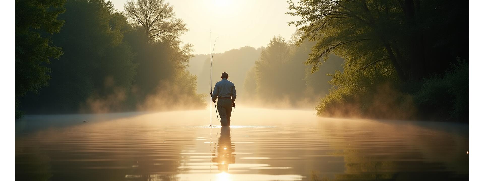 Serene UK river with clear water, a fly angler casting, and subtle mist, showcasing stunning natural beauty.