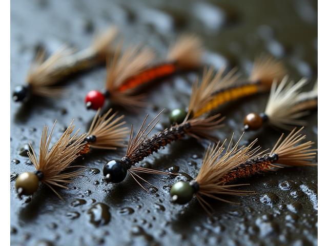 A diverse assortment of nymph fly lures, weighted and lifelike, for sub-surface angling.