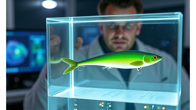 Scientist in a lab coat examining fishing lure in a testing tank with advanced sensors
