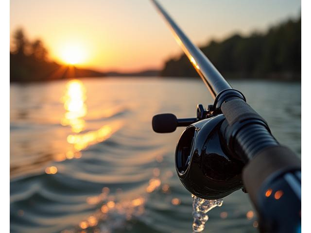 Specialist fishing rod bending under tension, reel in clear focus
