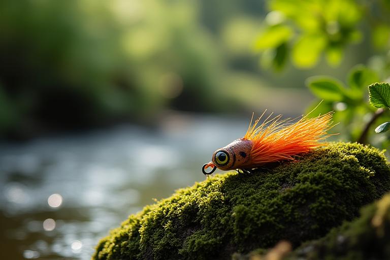 Biodegradable fishing line and lure made from sustainable materials on a mossy rock