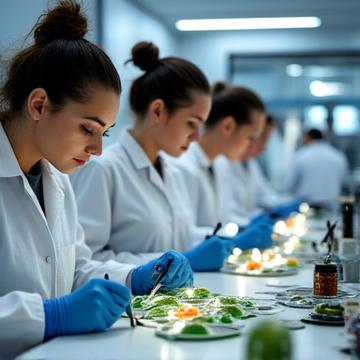 Diverse team of quality assurance technicians meticulously inspecting fishing reels in a lab