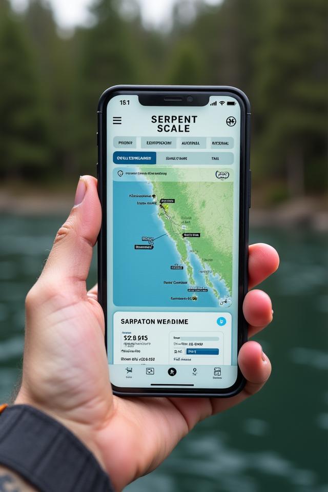 Close-up of a smartphone displaying the Serpent Scale fishing app with a detailed map, weather, and tackle status