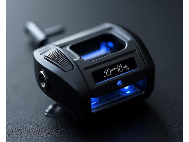Close-up of a sleek, modern fishing reel with embedded sensors and a small digital display