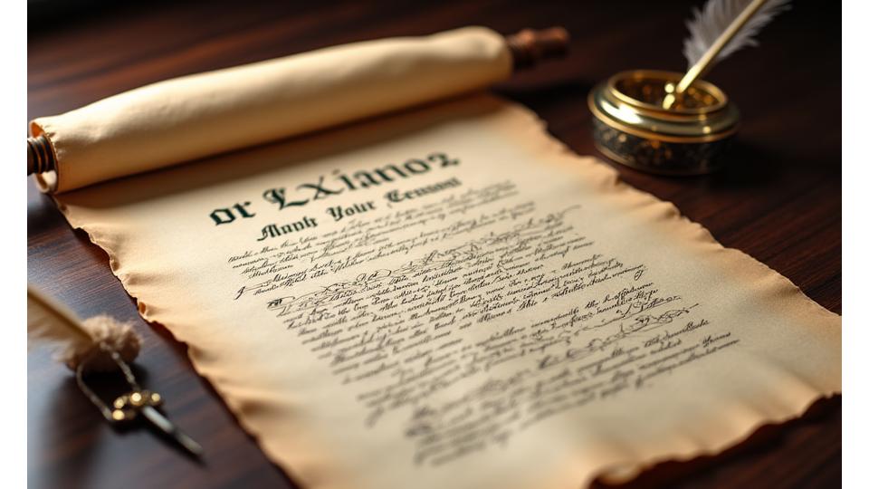 A finely detailed, ornate legal document with a feathered quill resting beside it, symbolizing carefully crafted agreements and traditional values.